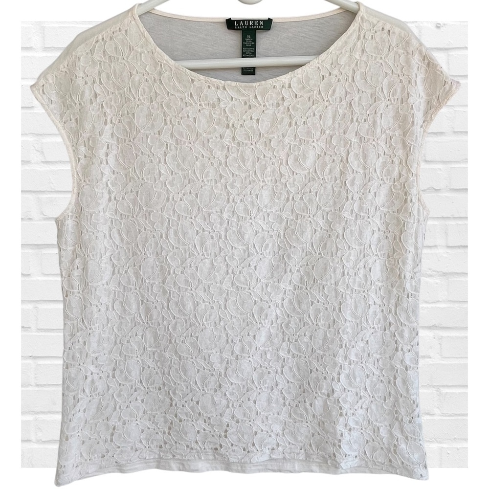 Lauren Ralph Lauren Cream Lace Cap Sleeve Top Coastal Preppy Fairycore Prairie